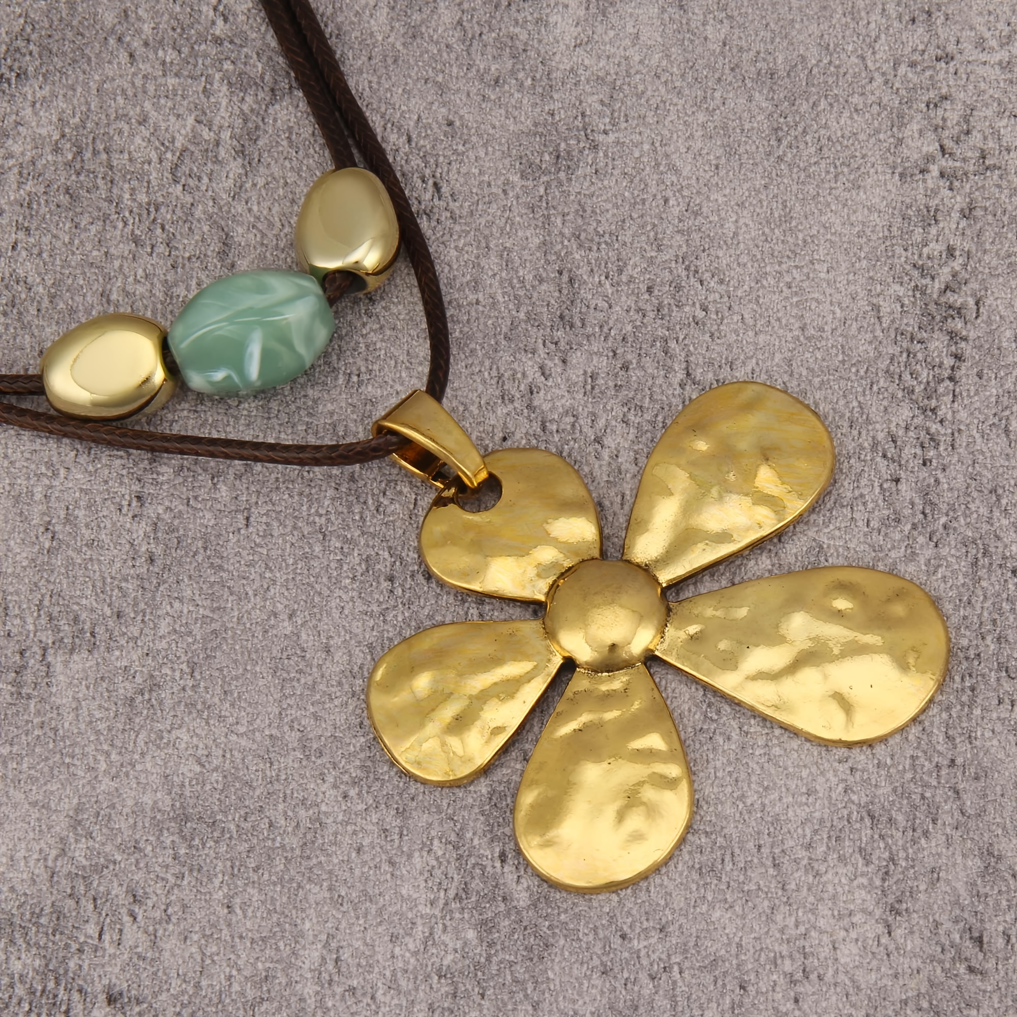 Women's Bohemian Style Double Layer Brown Rope Necklace with Flower Pendant
